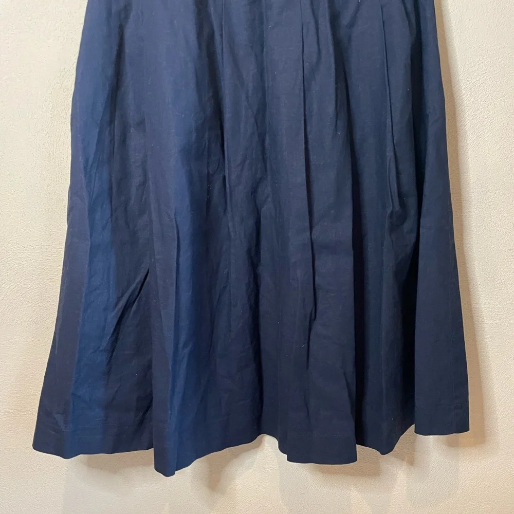 Uniqlo Navy Blue Cotton Linen A-Line Pleated High-Waisted Below the Knee Skirt M